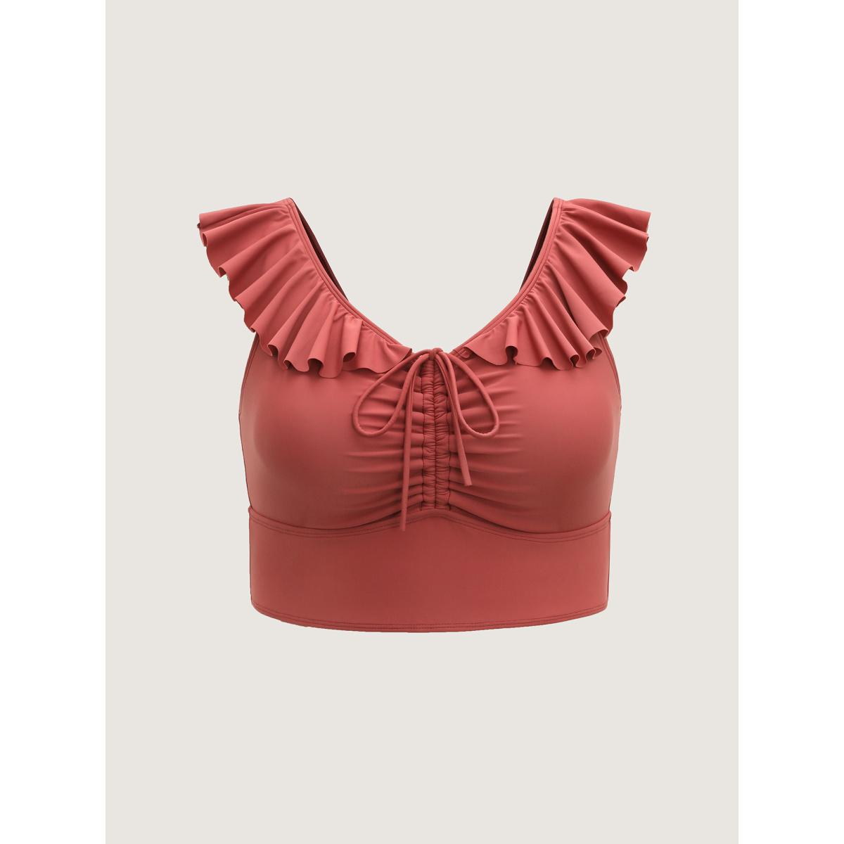 Plus Size Ruffled Drawstring Bodice Swim Top Women's Swimwear Rust Beach Drawstring High stretch Skinny V-neck Curve Swim Tops BloomChic 18-20/2X Product Image