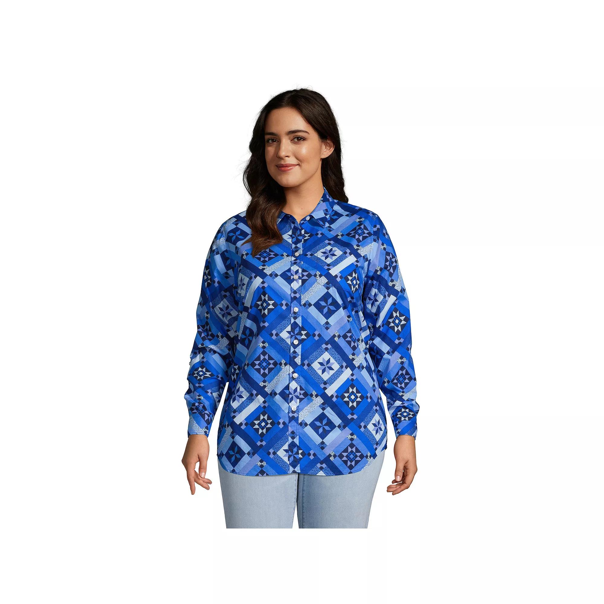 Plus Size Lands' End Roll-Tab Poplin Boyfriend Tunic Shirt, Women's, Size: 2XL, Blue Prosperity Quilt Product Image