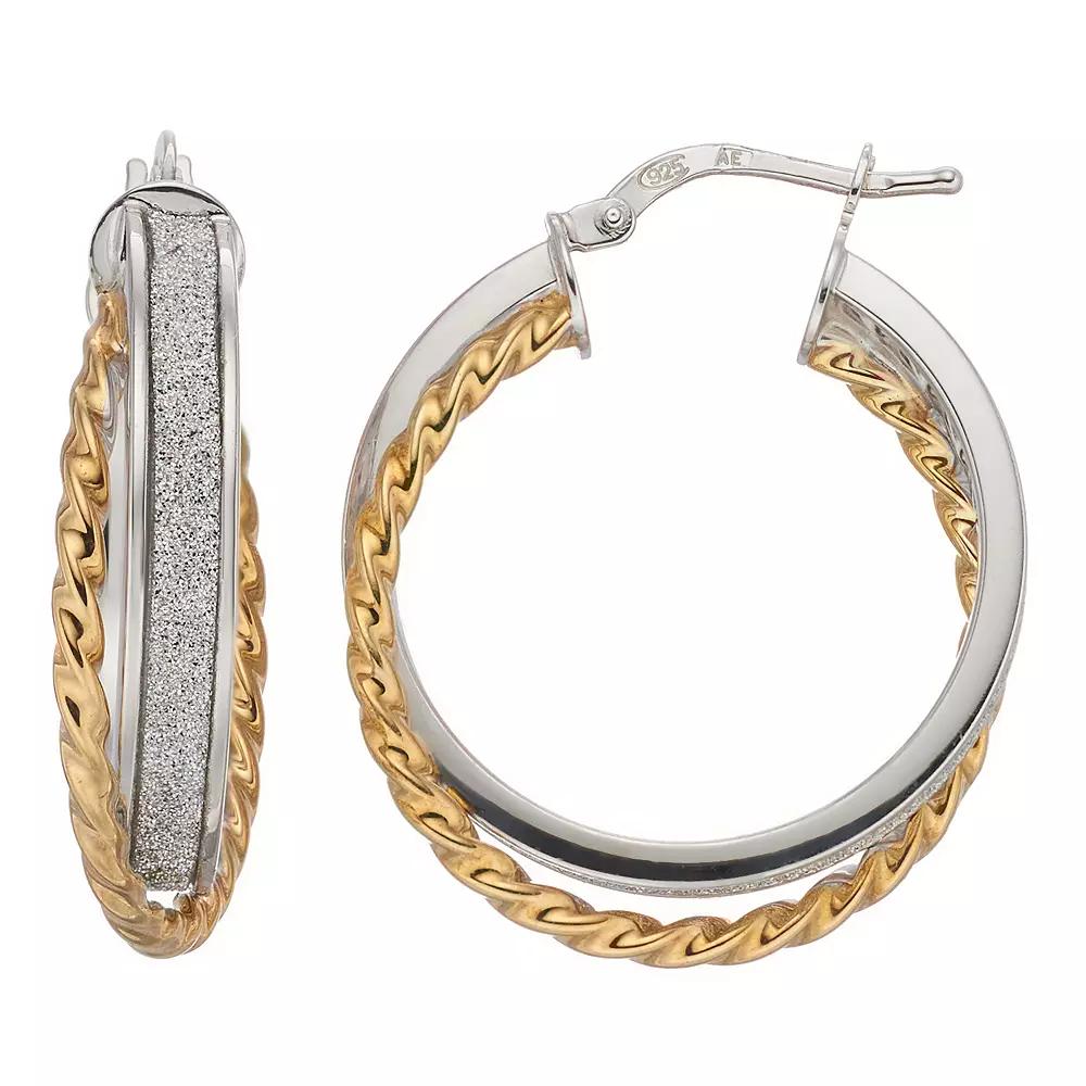 Two Tone Sterling Silver Twisted Rope Glitter Hoop Earrings, Women's Product Image