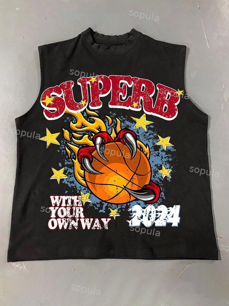 Men's Casual Street Basketball Fire Print Cotton Tank Top Product Image
