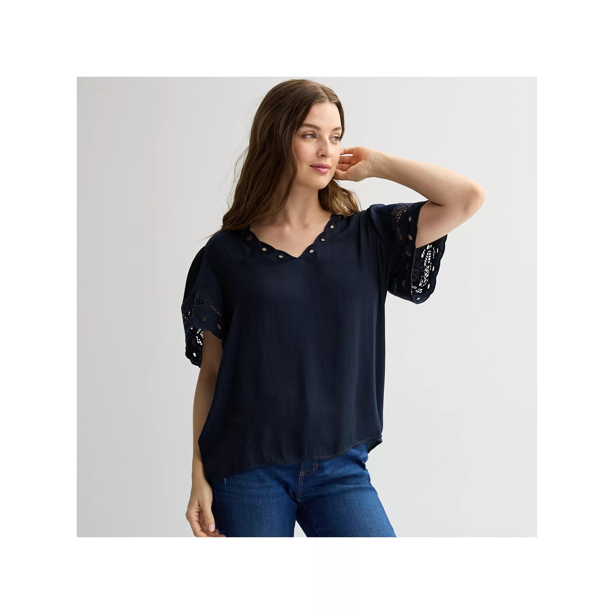 Women's Chelsea & Theodore Short Sleeve V-Neck Eyelet Blouse, Size: Large, Blue Product Image