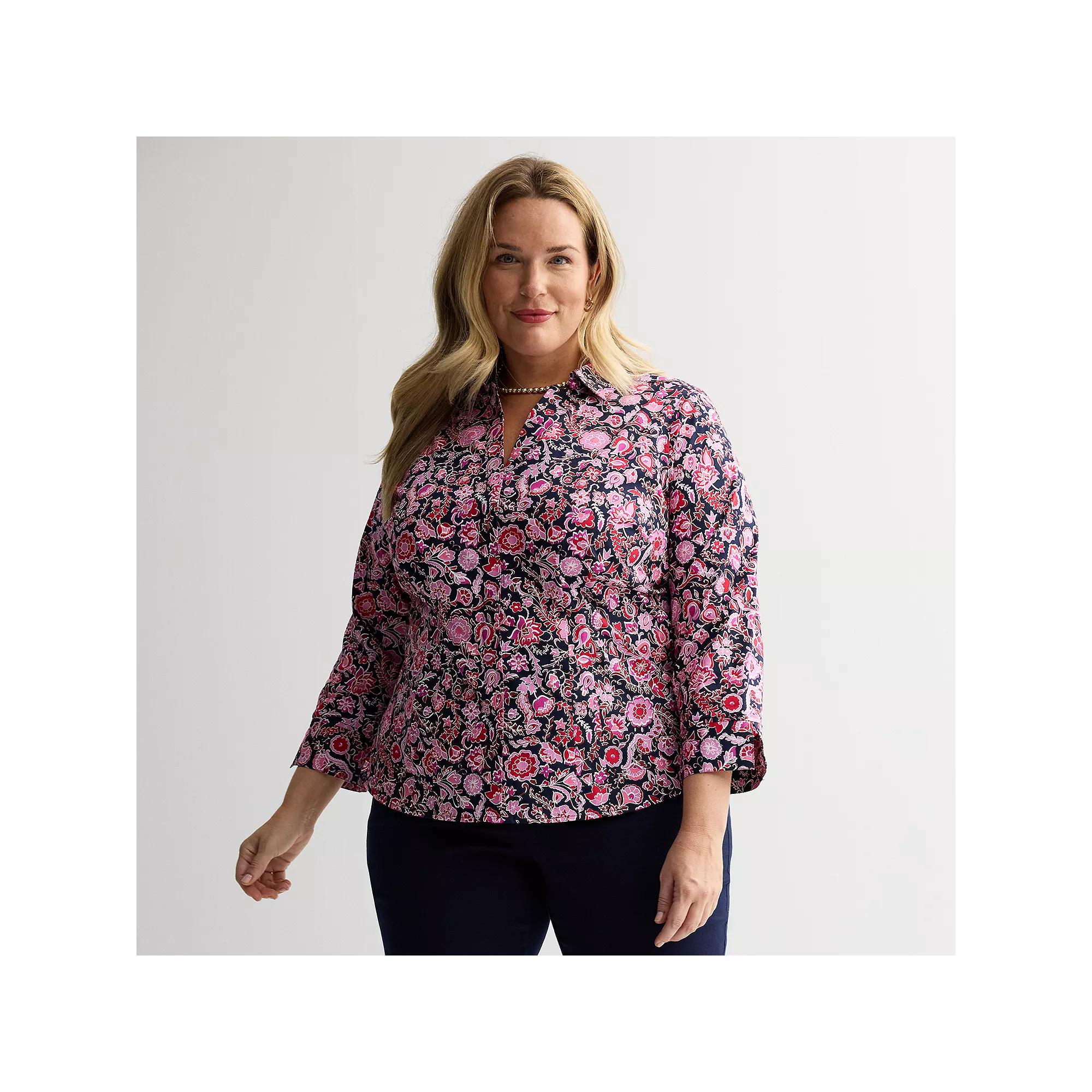 Plus Size Croft & Barrow® Tailored Button Front Shirt, Women's, Size: 1XL, Blue Red Floral Vine Product Image