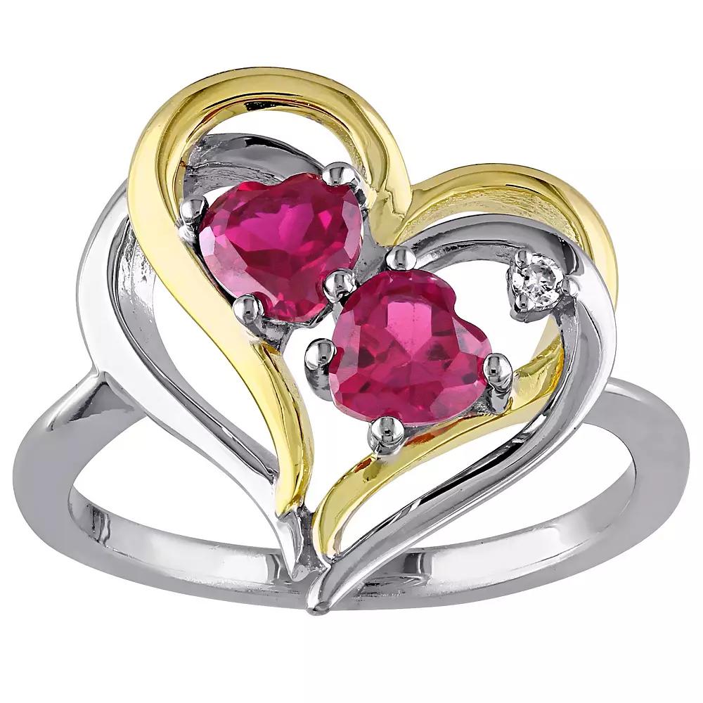 Stella Grace 2-Tone Silver Lab Created Ruby & Diamond Accent Double Heart Ring, Women's, Size: 5.50, Sterling Silver Product Image