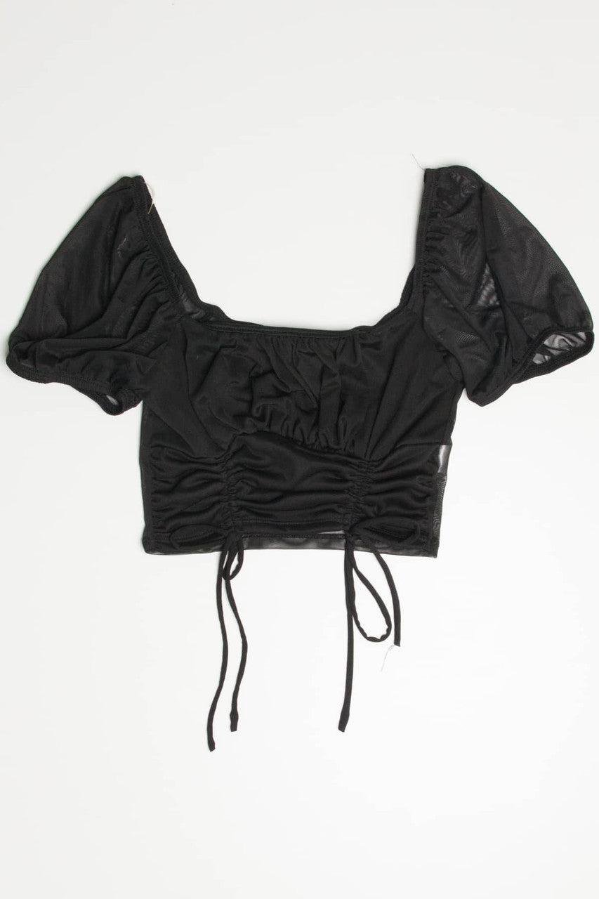Black Mesh Milkmaid Cinched Cropped Top Product Image