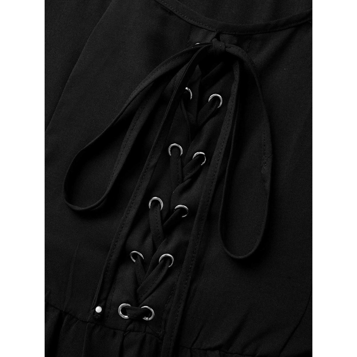 Plus Size Solid Bell Sleeve Pocket Ties High Low Hem Dress Black Women Playful Non V-neck Long Sleeve Curvy Midi Dress BloomChic 26/4X Product Image