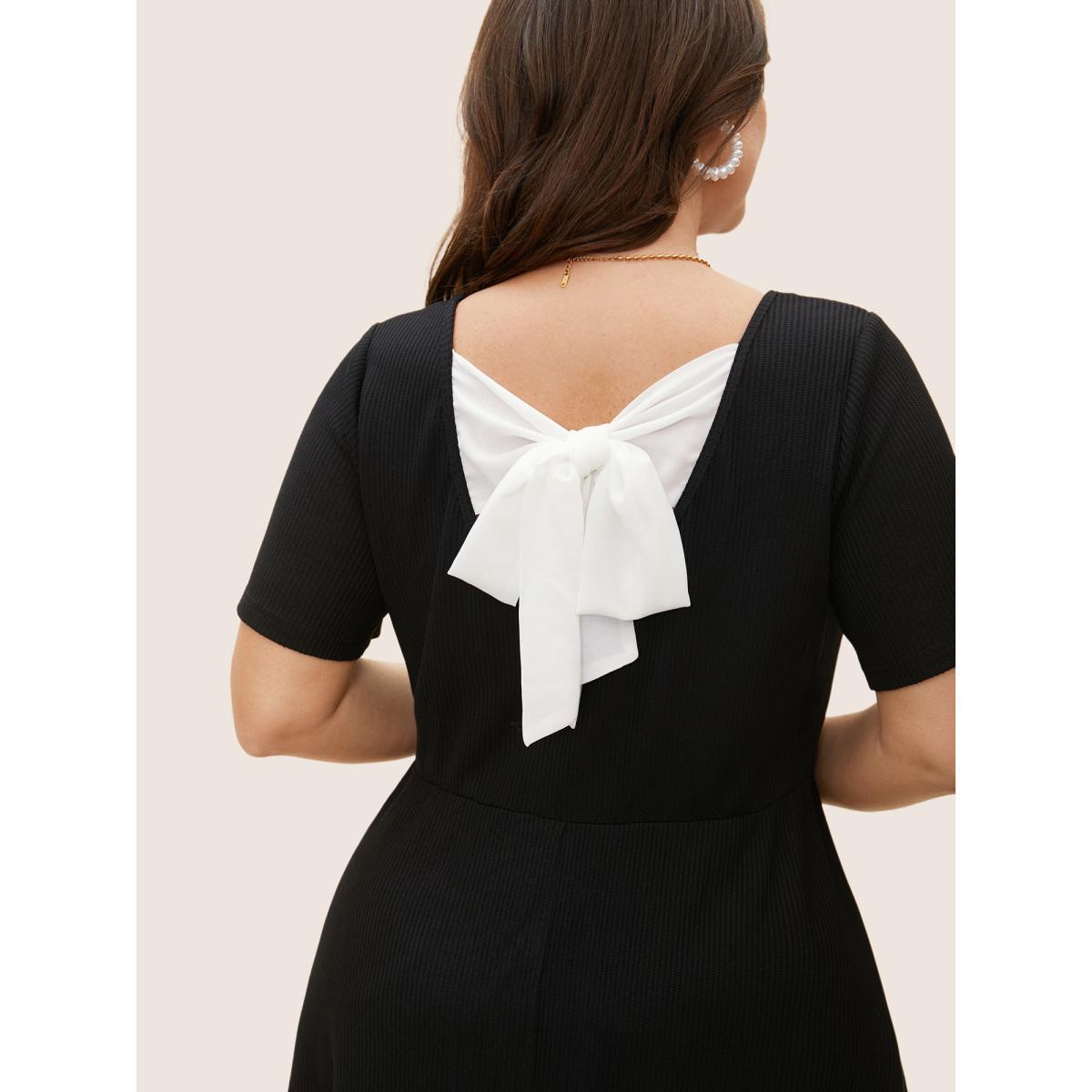 Plus Size Round Neck Contrast Back Bowknot Midi Dress Black Women Elegant Tie knot Round Neck Short sleeve Curvy BloomChic 14-16/1X Product Image