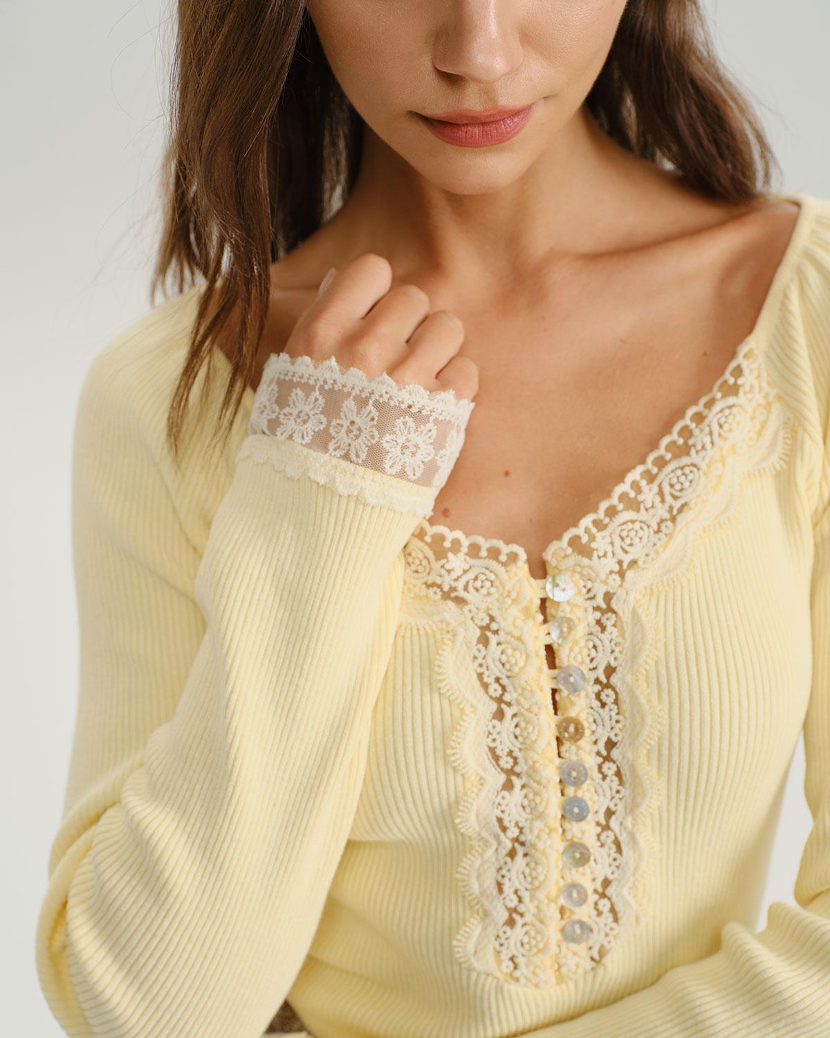Yellow V Neck Lace Knit Tee Product Image