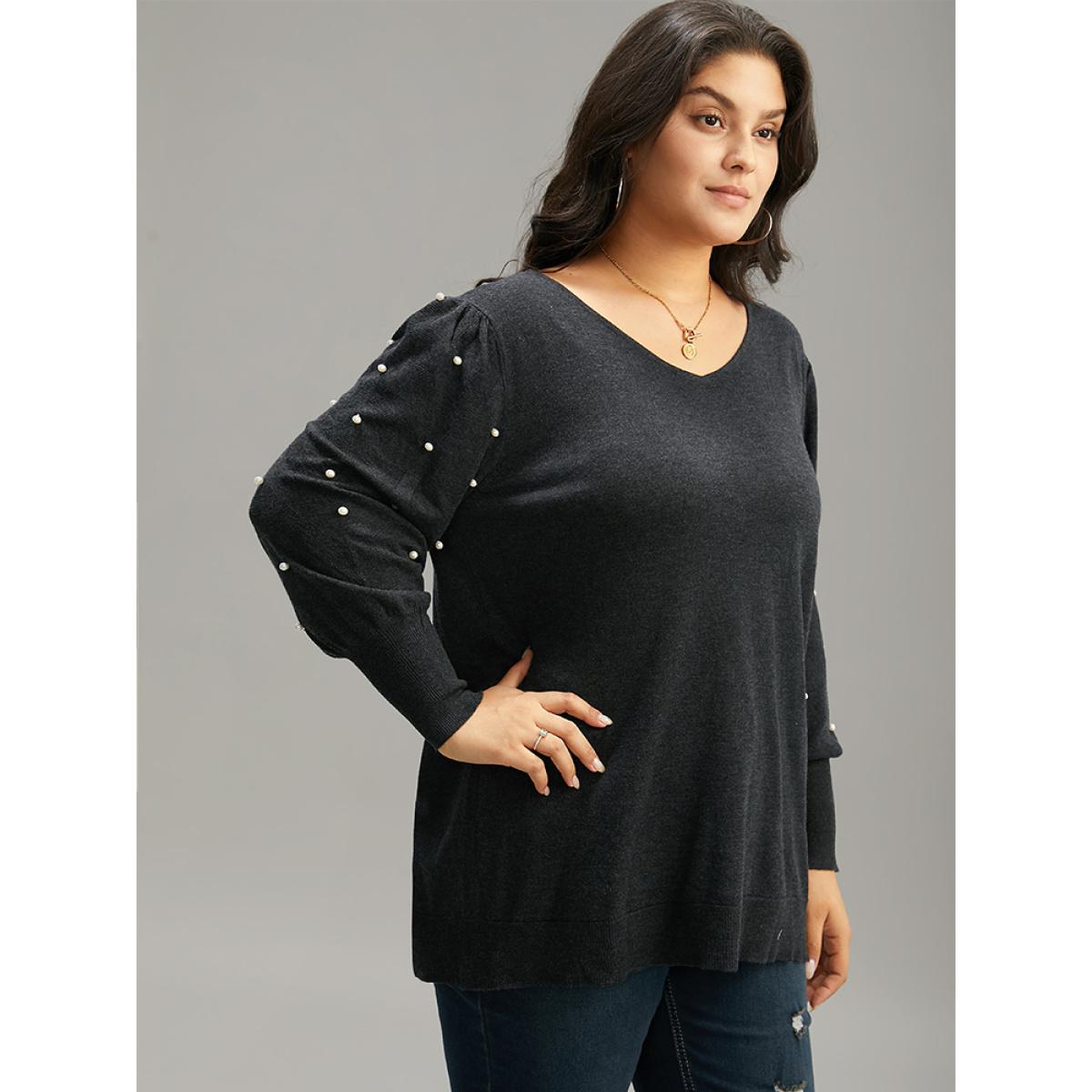 Plus Size Supersoft Essentials Solid Pearl Beaded Elastic Cuffs Pullover Black Women Casual Long Sleeve V-neck Dailywear Pullovers BloomChic 30/6X Product Image