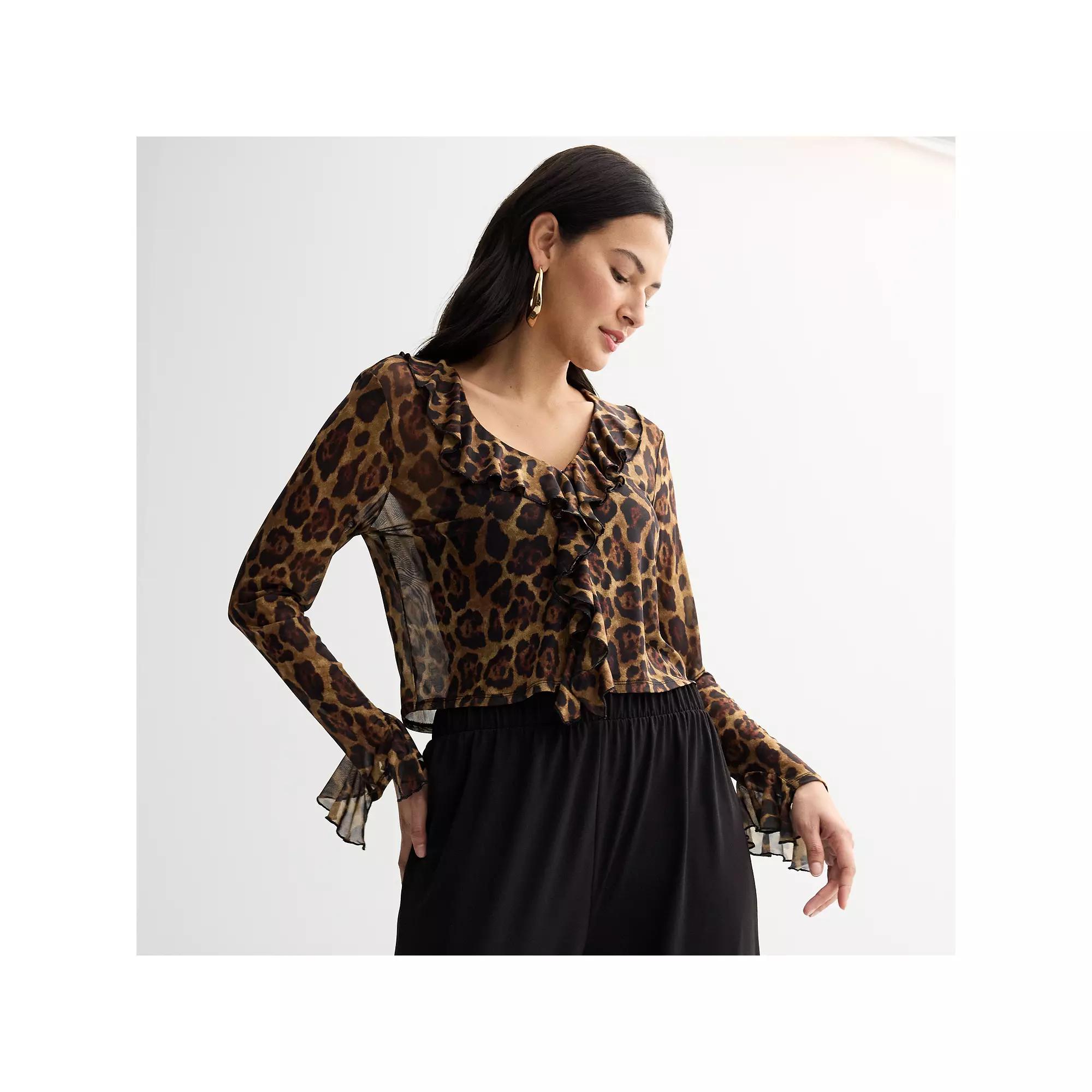 Women's INTEMPO™ Front Opening Mesh Ruffle Blouse, Size: Small, Animal Print Product Image