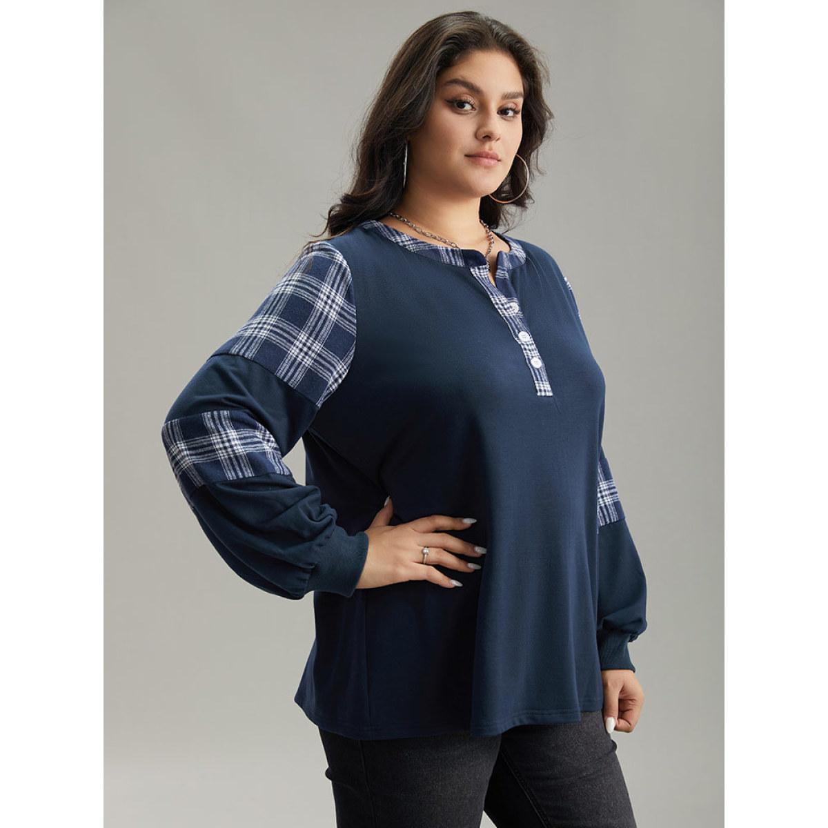 Plus Size Plaid Patchwork Button Up Rib Knit Sweatshirt Women Indigo Casual Elastic cuffs Open Front Dailywear Sweatshirts BloomChic 10/M Product Image