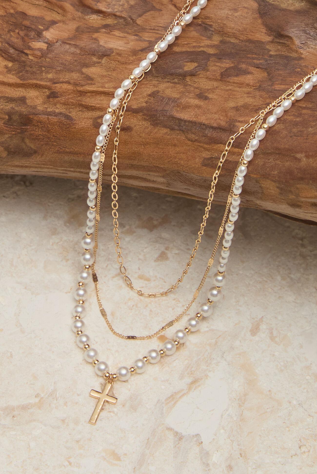 3 Layer Pearl Cross Charm Necklace Product Image