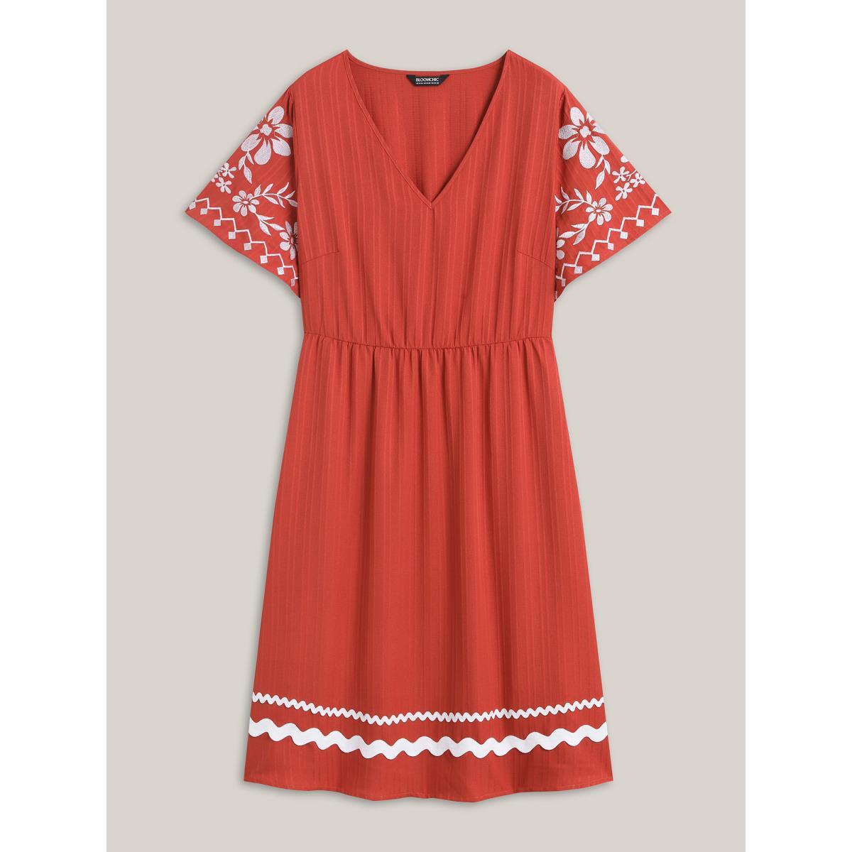 Plus Size Embroidered Sleeve Cinched-Waist Midi Dress Rust Women V-neck Short sleeve Curvy BloomChic 12/L Product Image
