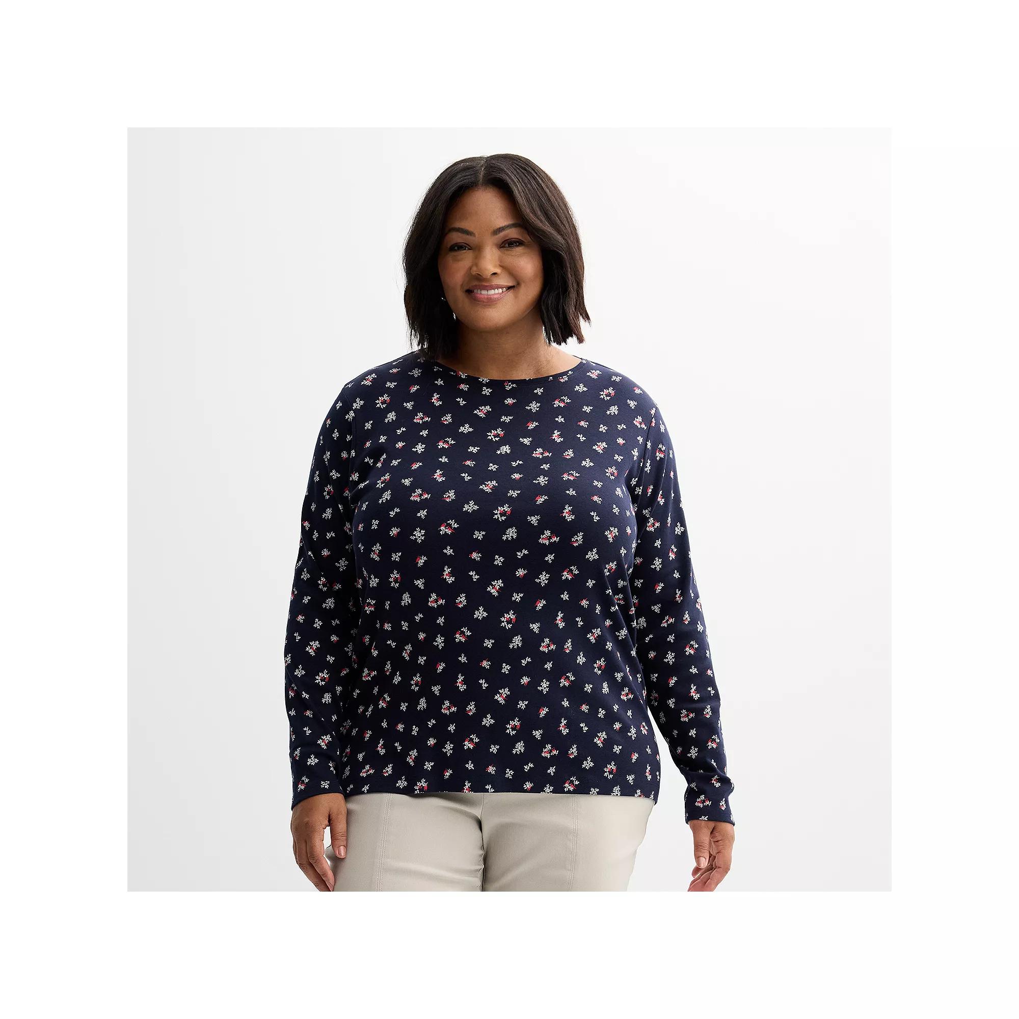 Plus Size Croft & Barrow® Essential Crewneck Long Sleeve Tee, Women's, Size: 1XL, Navy Night Red Product Image