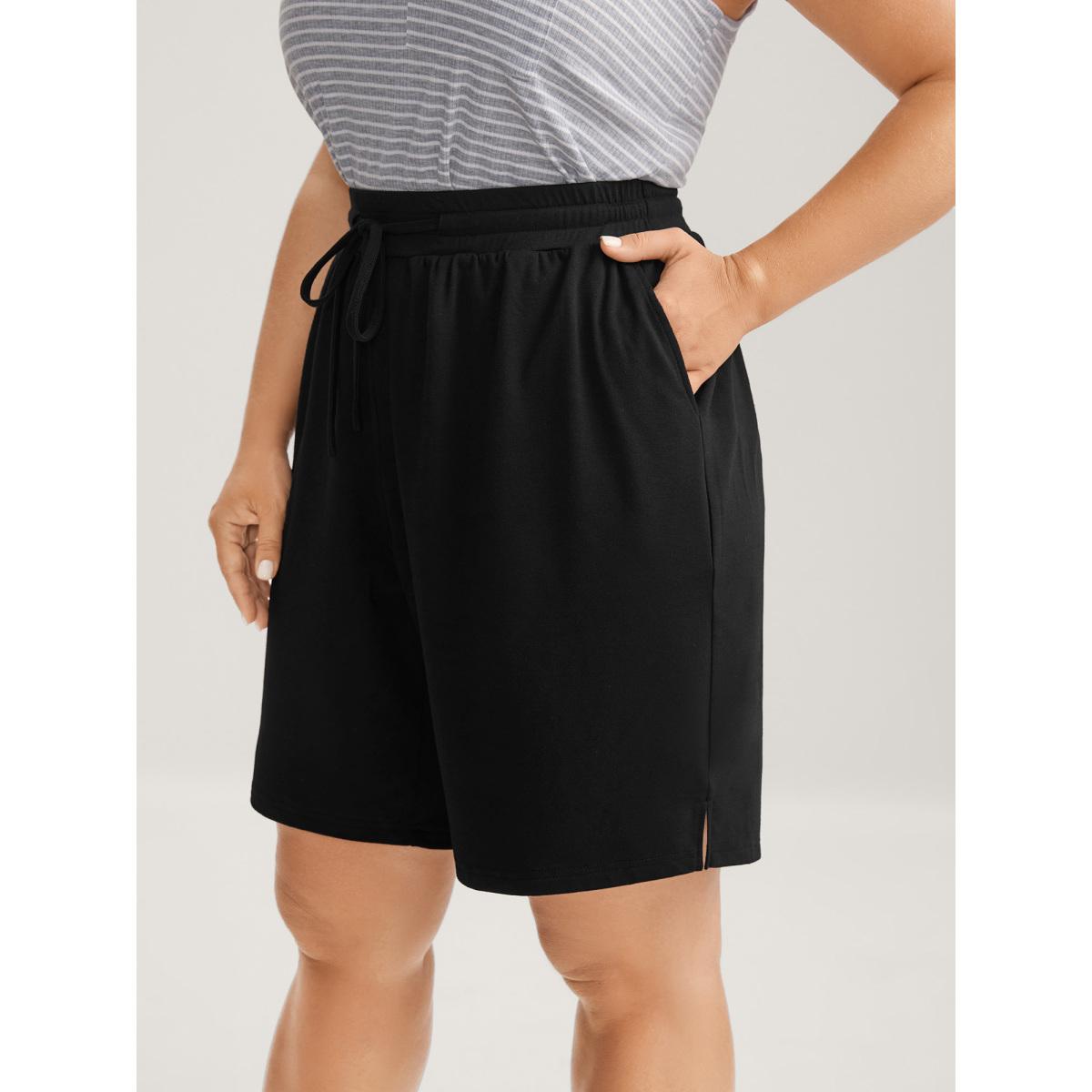 Plus Size Stretchy Slit Drawstring Straight-Leg Shorts Women Black Leisure Drawstring Straight Leg Casual Shorts BloomChic 30/6X Product Image