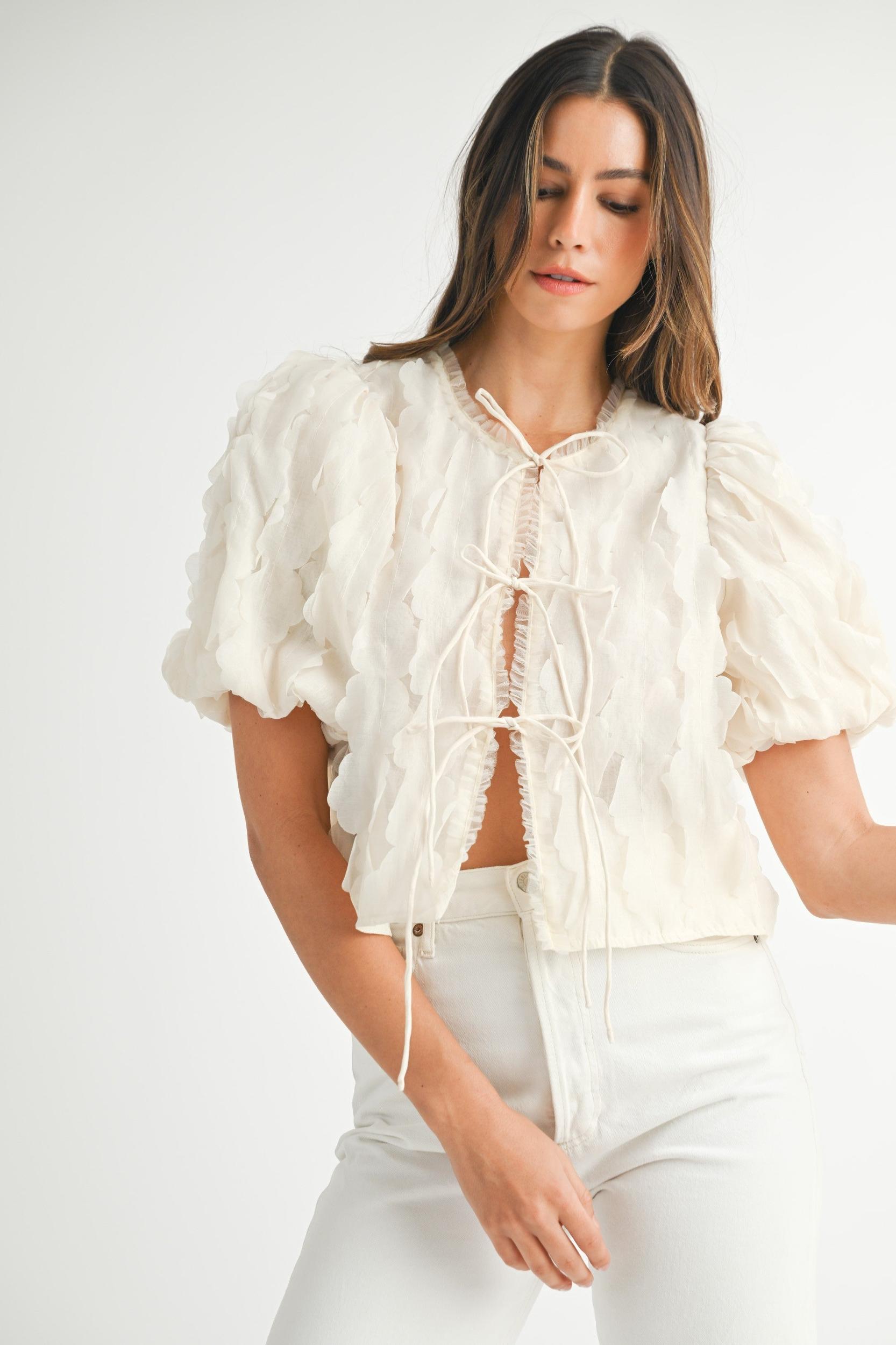 Textured Scallop Puff Sleeve Blouse Top Product Image