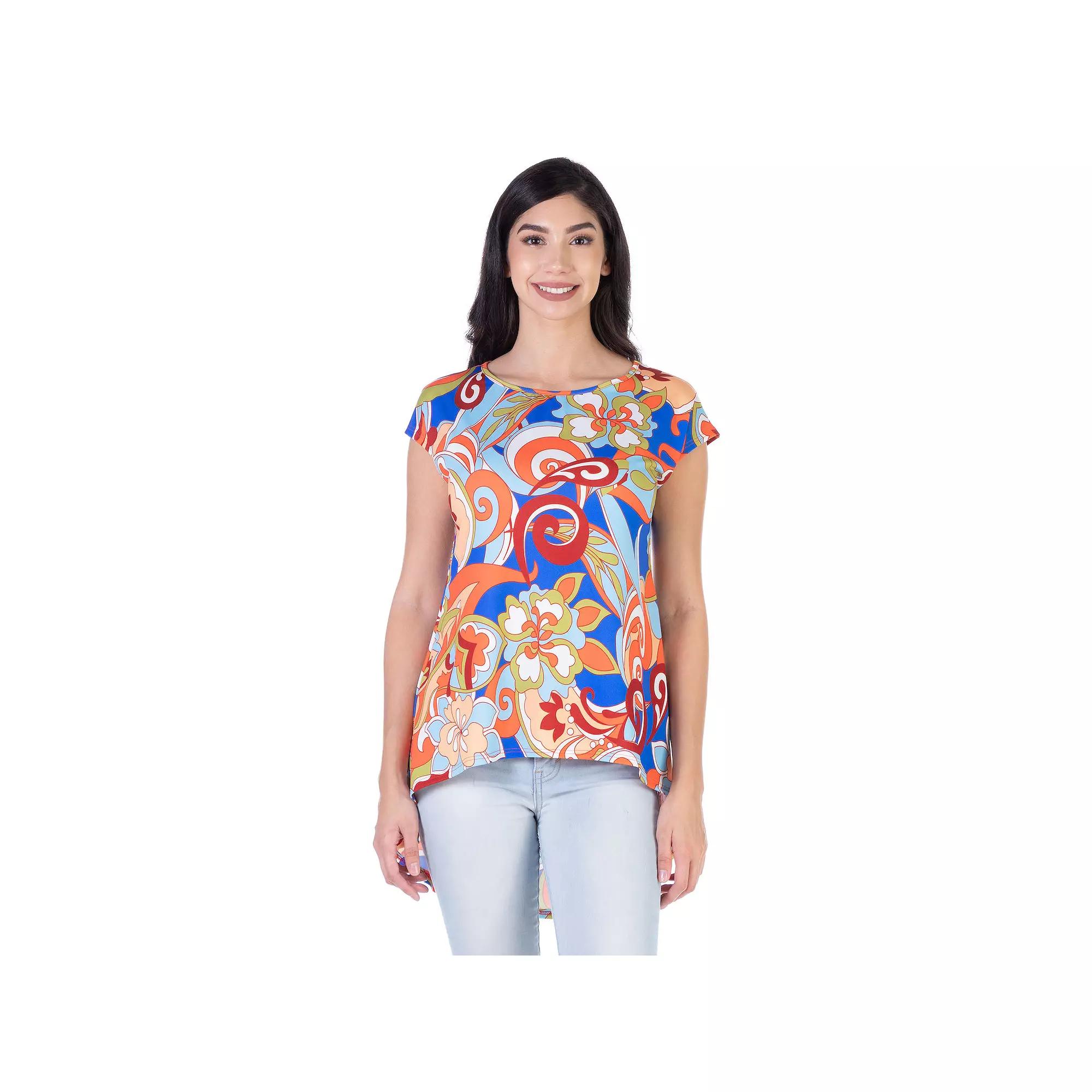 Women's 24Seven Comfort Apparel Multicolor Floral Short Sleeve High Low Tunic Top,  Product Image