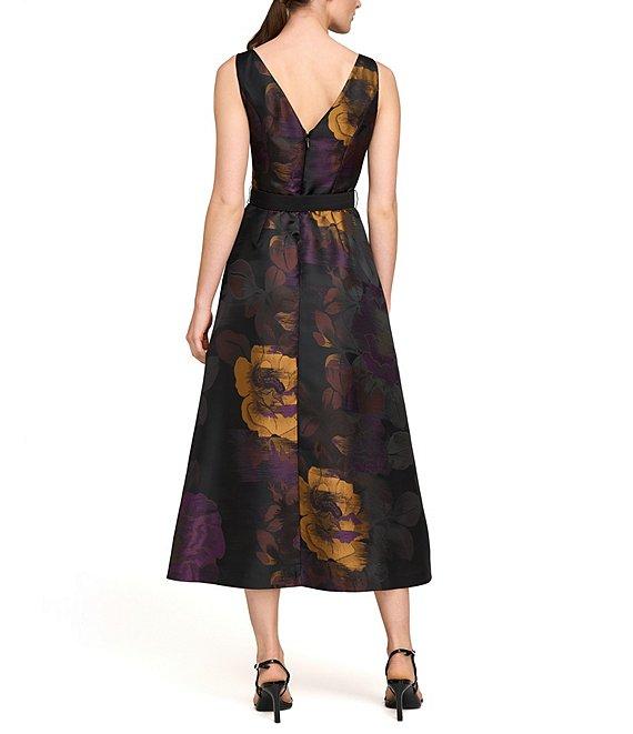 Kay Unger Floral Jacquard Bateau Neck Sleeveless V-Back Belted Fit & Flare Dress Product Image