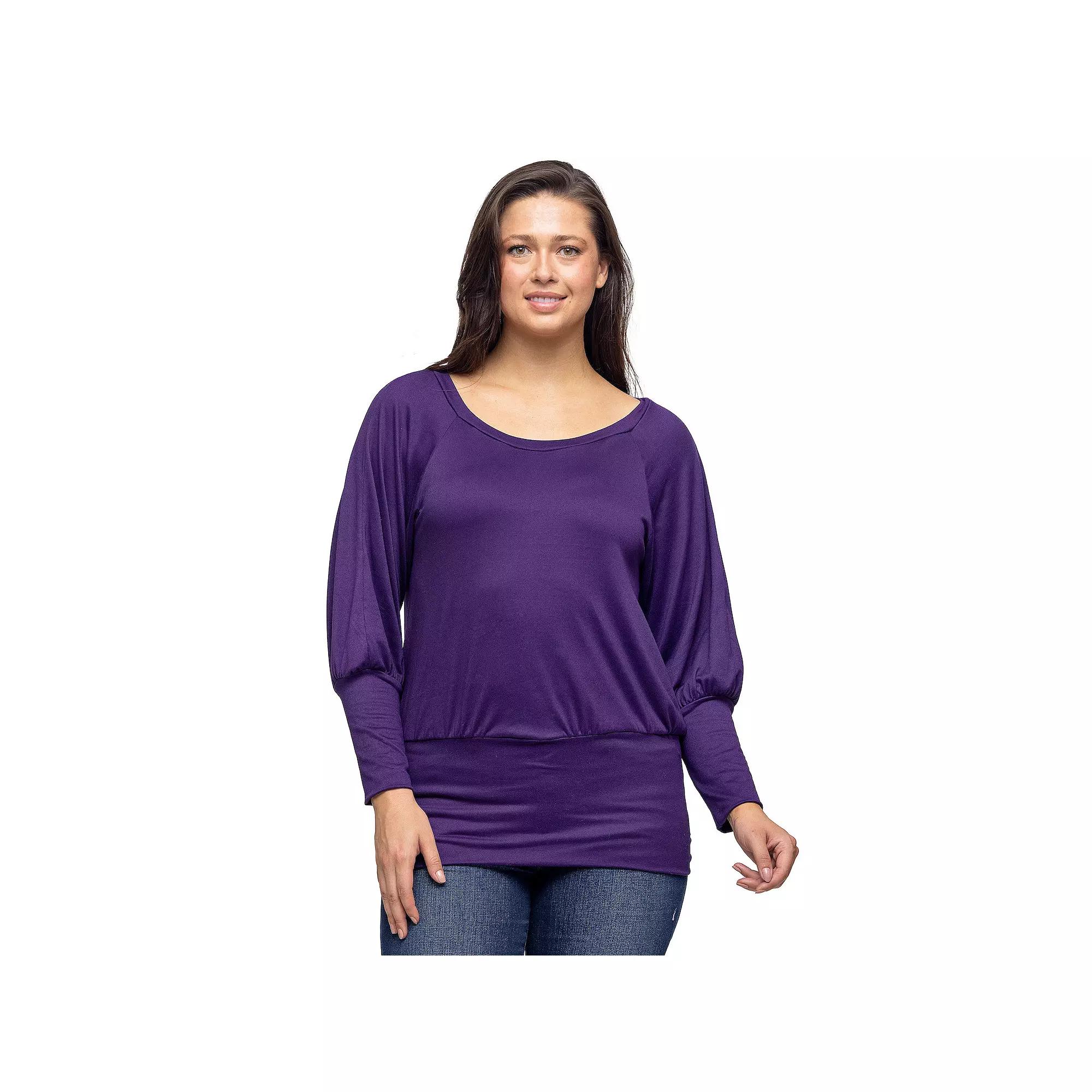 Women's 24Seven Comfort Apparel Round Neck Long Blouson Sleeve Banded Bottom Top,  Product Image
