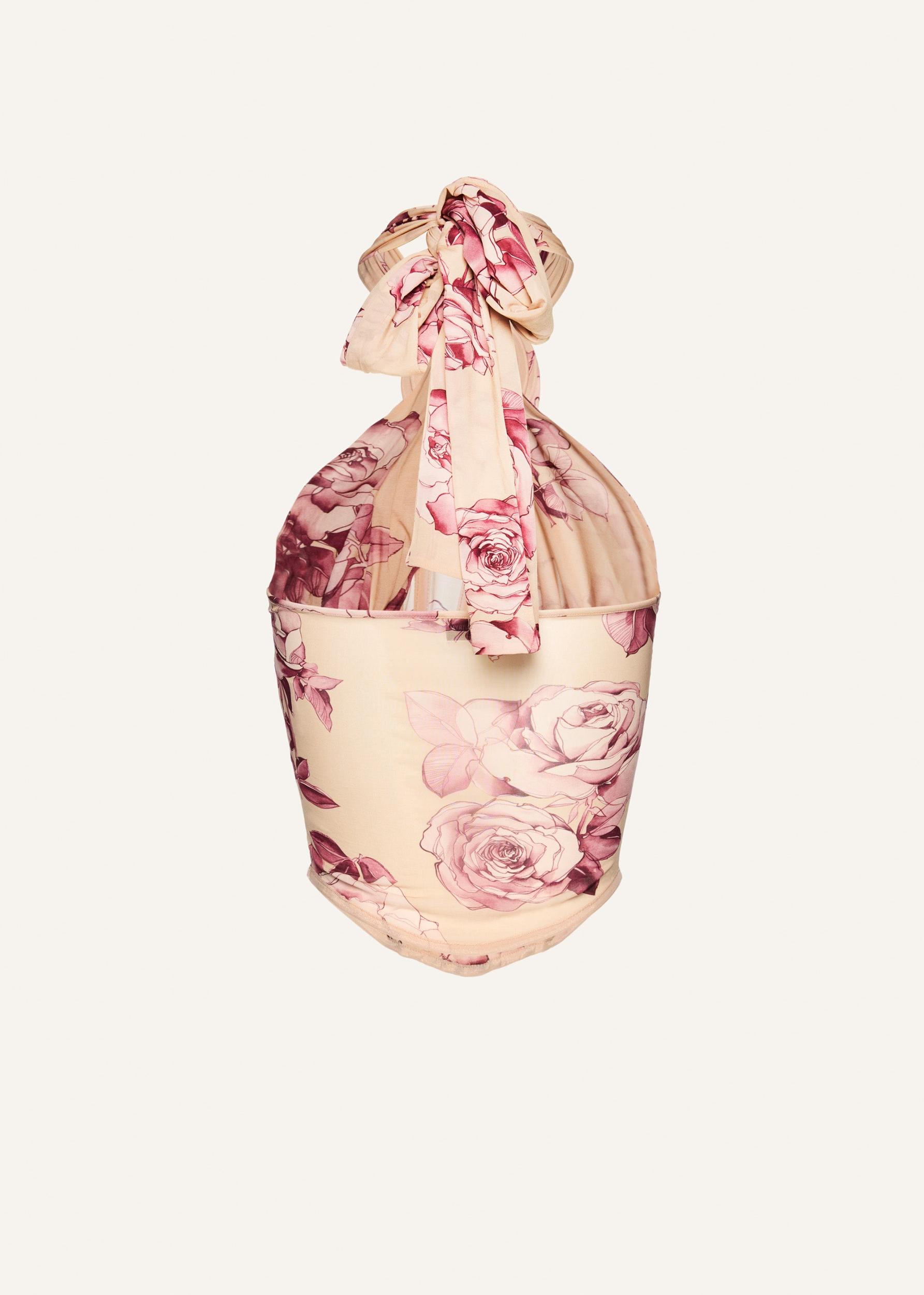 Sheer halter bustier top in beige print Product Image