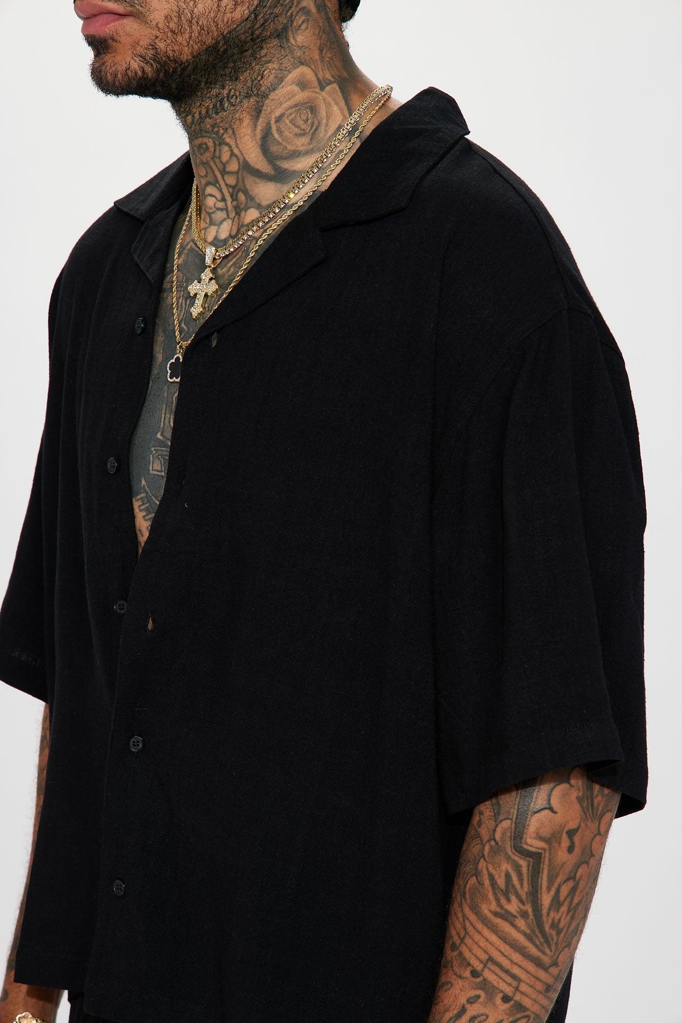 Solid Textured Linen Button Up Shirt - Black Product Image