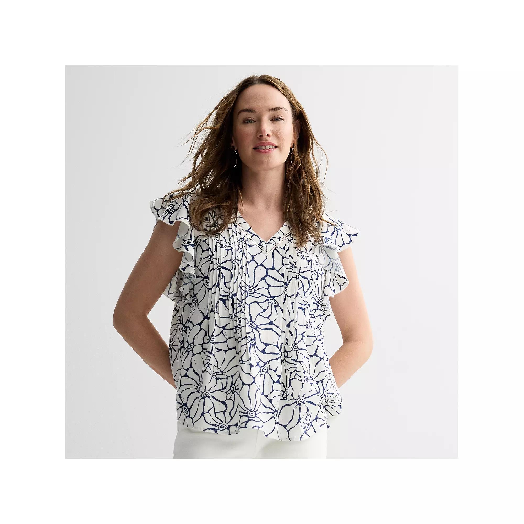 Women's Sonoma Goods For Life® Flutter Sleeve Pintuck Top, Size: XL, Navy Ivory Floral Product Image