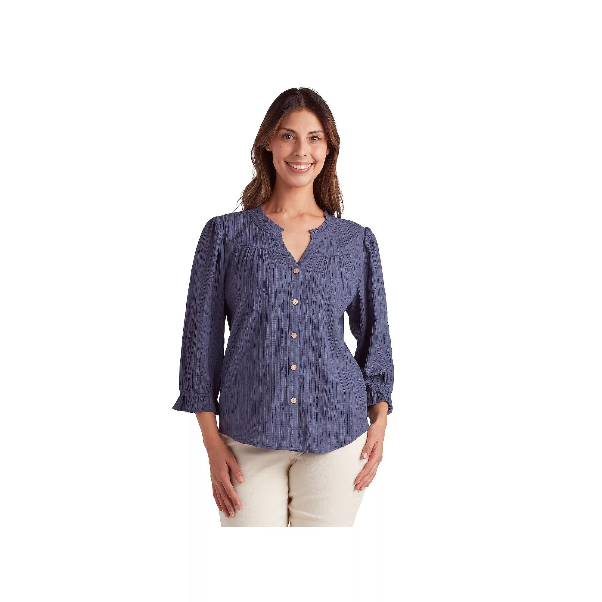 Womens AB Studio Button Front Ruffle Neck Top Blue Product Image
