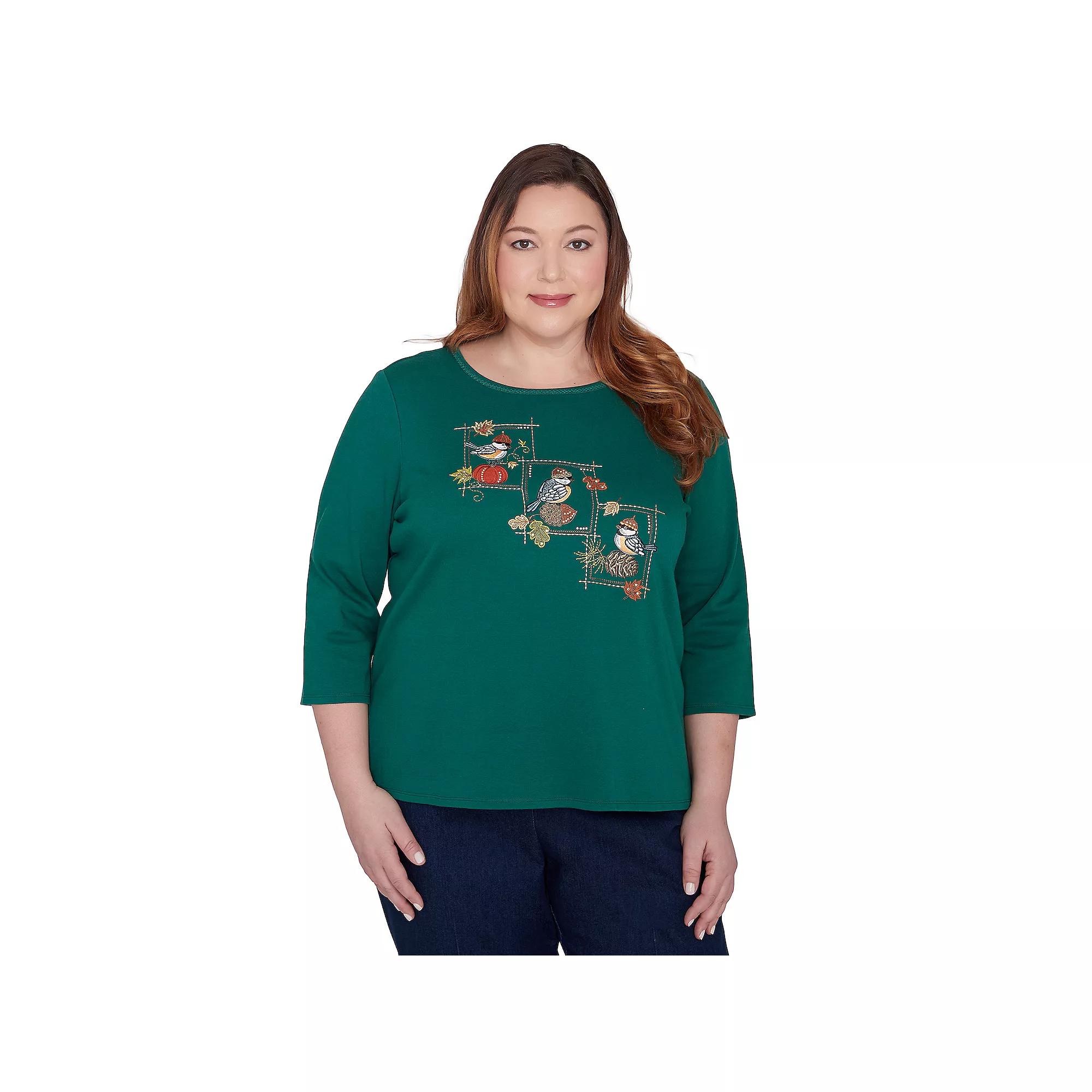 Plus Size Alfred Dunner Birds with Hats Detailed Top, Women's, Size: 1XL, Hunter Product Image