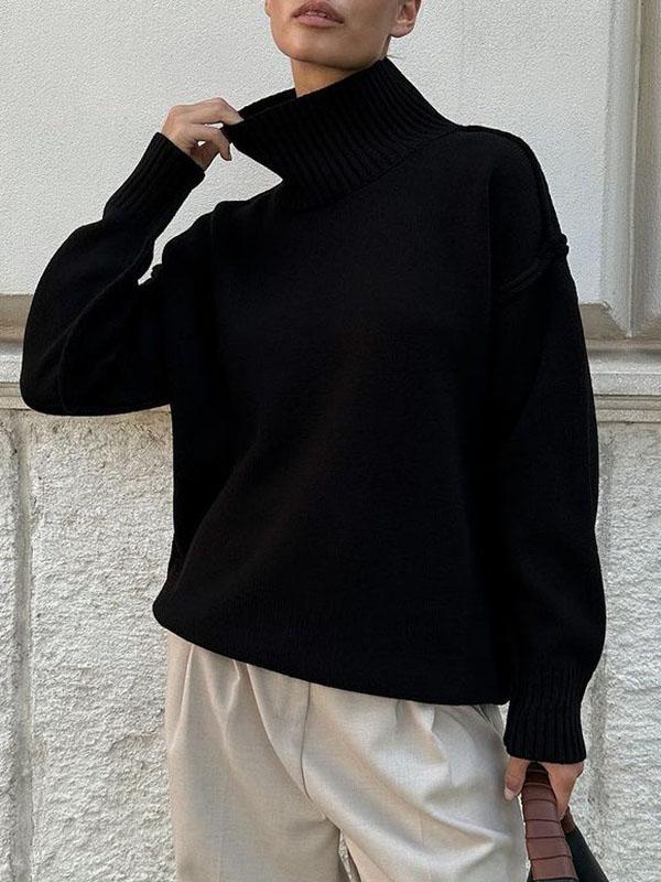 Long Sleeves Loose Solid Color Split-Joint High Neck Pullovers Sweater Tops Product Image