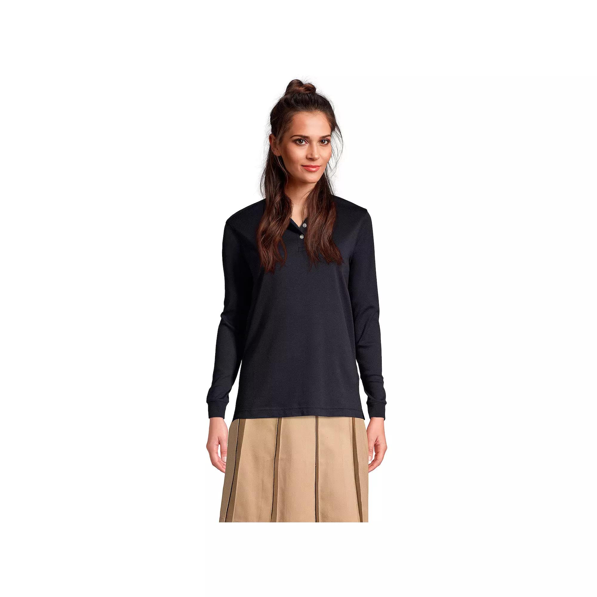 Women's Lands' End School Uniform Long Sleeve 3-Button Interlock Polo Shirt,  Product Image