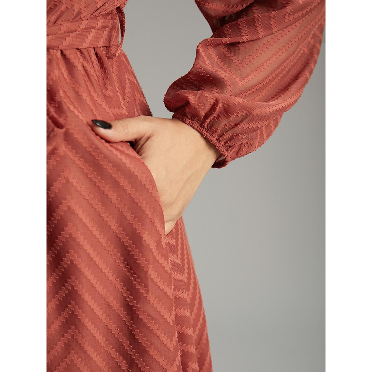 Plus Size Plain Mesh Texture Keyhole Belted Lantern Sleeve Dress Rust Women Office Elastic cuffs Keyhole Cut-Out Long Sleeve Curvy Midi Dress BloomChic 12/L Product Image