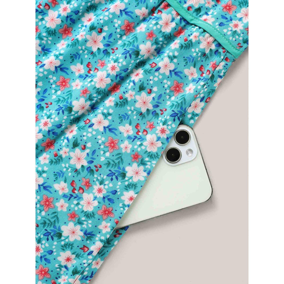 Plus Size Floral Contrast Cinched-Waist Tie Midi Dress Arctic Women V-neck Short sleeve Curvy BloomChic 26/4X Product Image