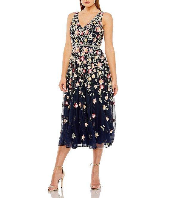 Mac Duggal Beaded V-Neck Sleeveless A-Line Midi Dress Product Image