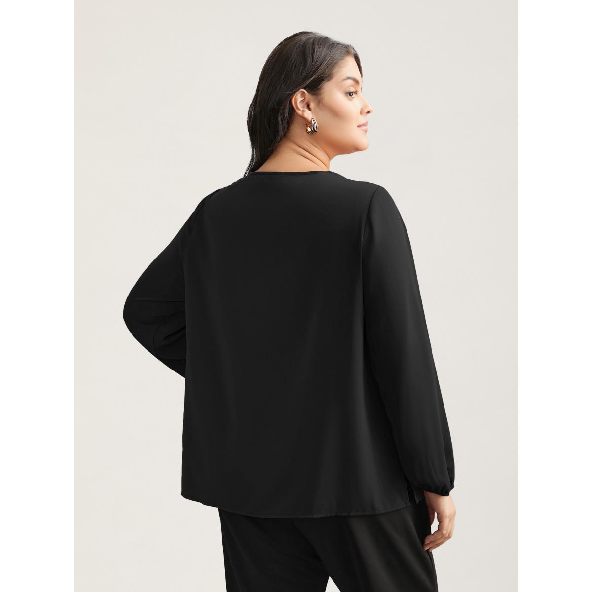 Plus Size Black Solid Crew Neck Lantern Sleeve Blouse Women At the Office Long Sleeve Round Neck Work Blouses BloomChic 28/5X Product Image