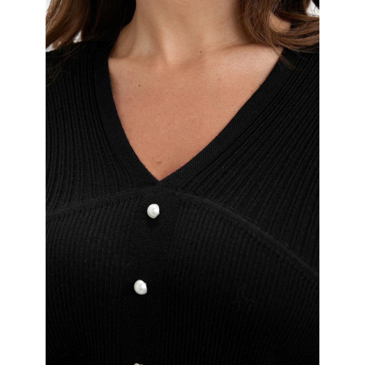 Plus Size Plain Rib Knit Button Front Knit Top Black Women Elegant Skinny Long Sleeve V-neck Dailywear Pullovers BloomChic 12/L Product Image
