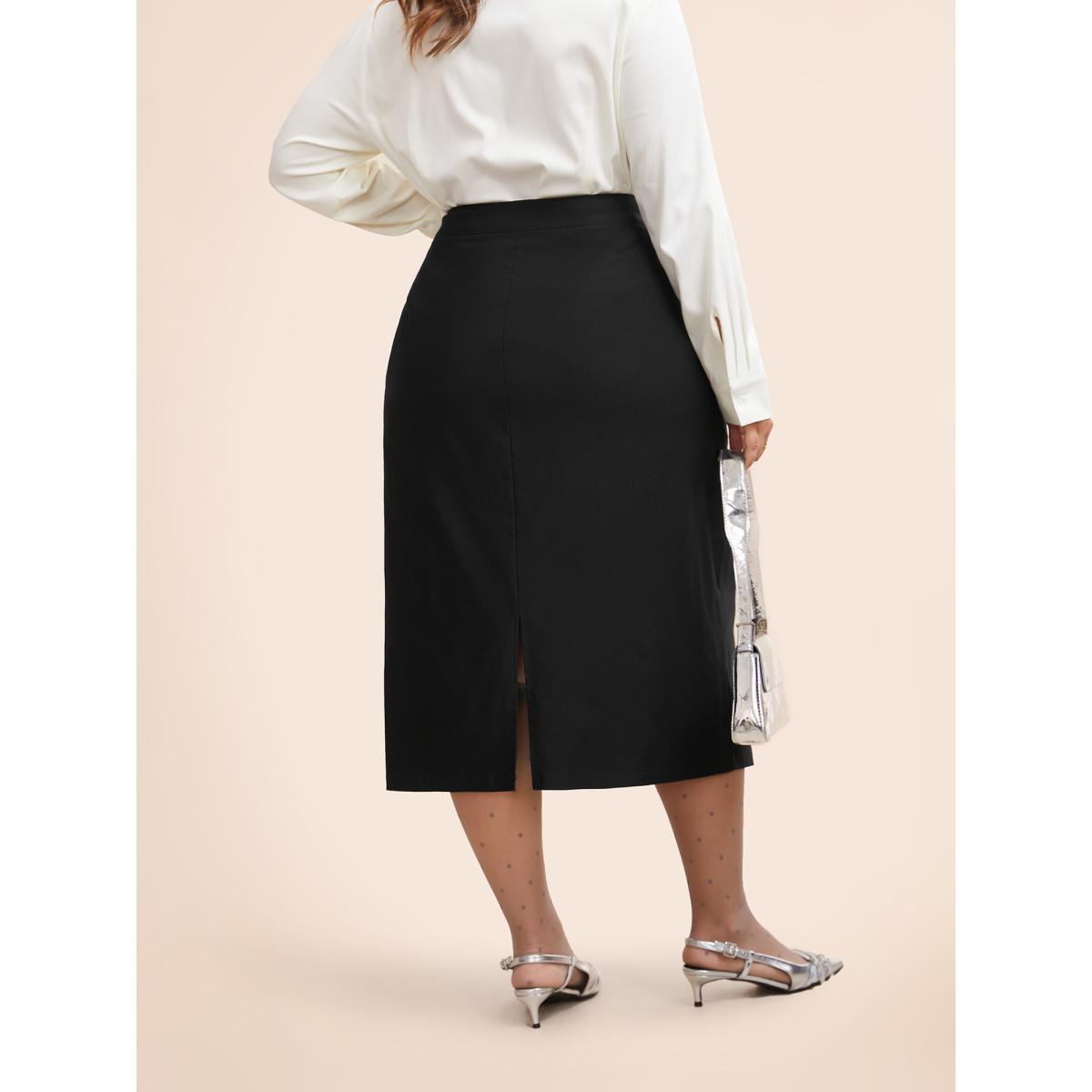 Plus Size Stretch Woven Slit Midi Skirt Women Black At the Office Non Loose Low stretch Slanted pocket Work Skirts BloomChic 10/M Product Image