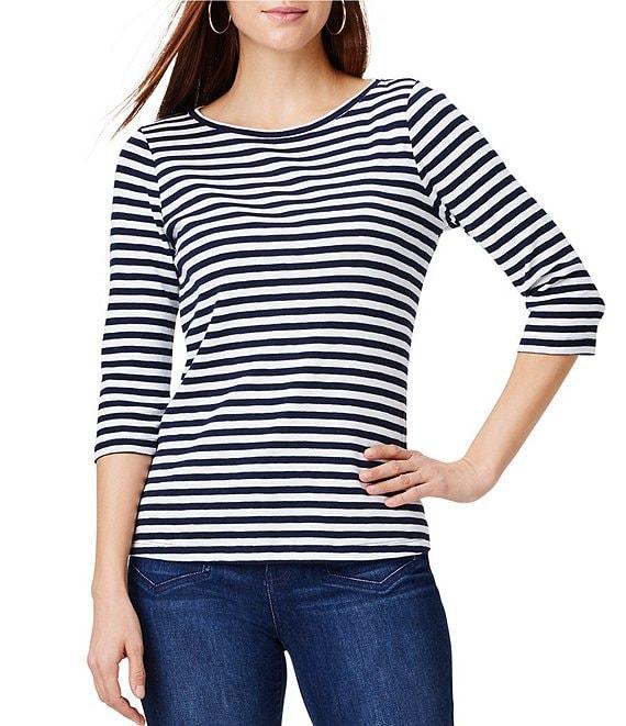 NIC + ZOE NZT Jersey Knit Striped Print Boat Neck 3/4 Sleeve Tee Shirt Product Image