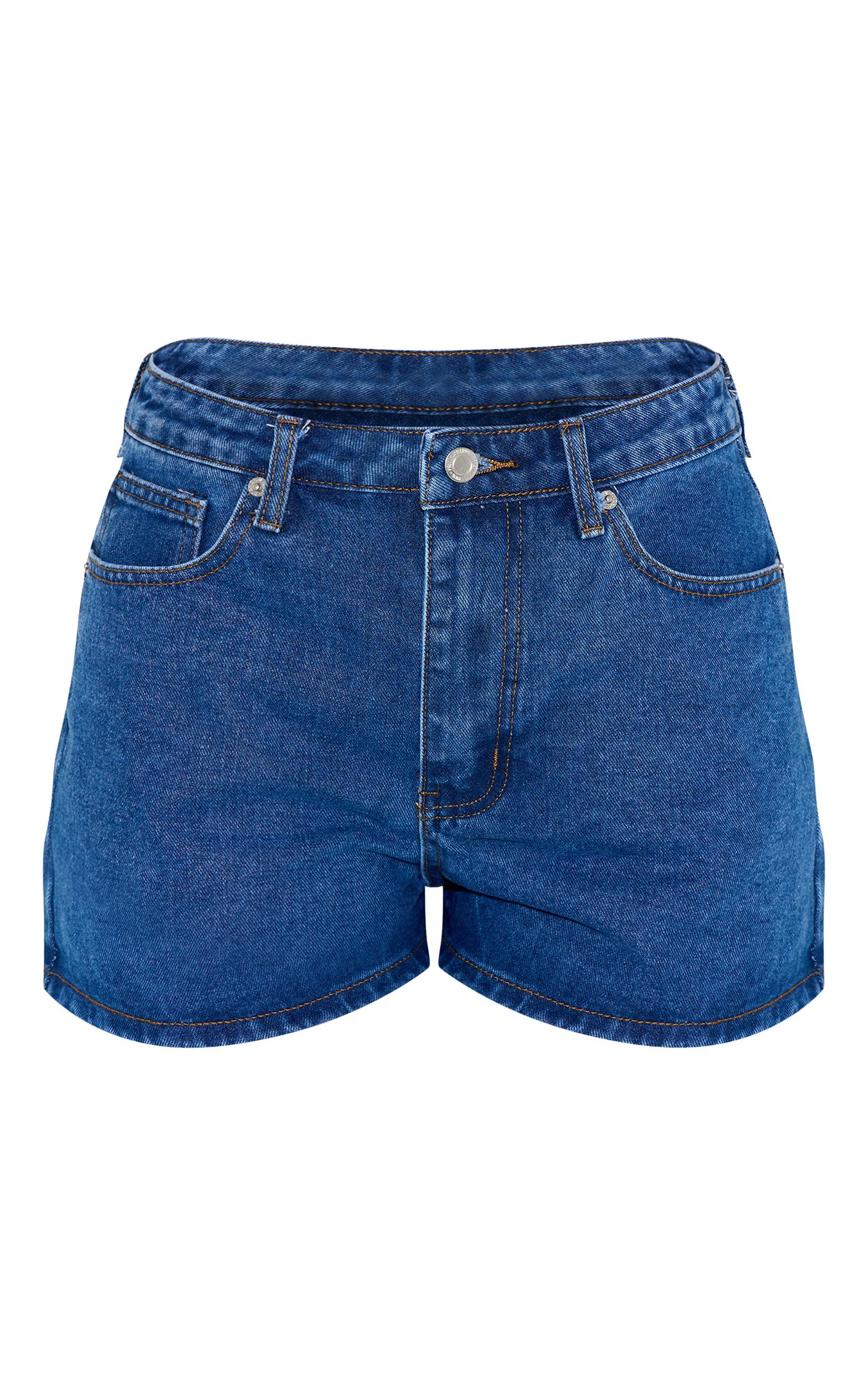 Dark Blue Contrast Stitch High Waisted Mom Shorts Product Image