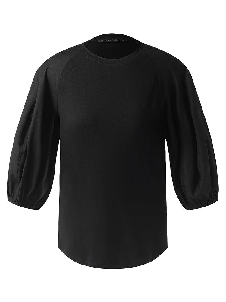 Acetate Ballon Sleeves Patchwork Women Top Product Image