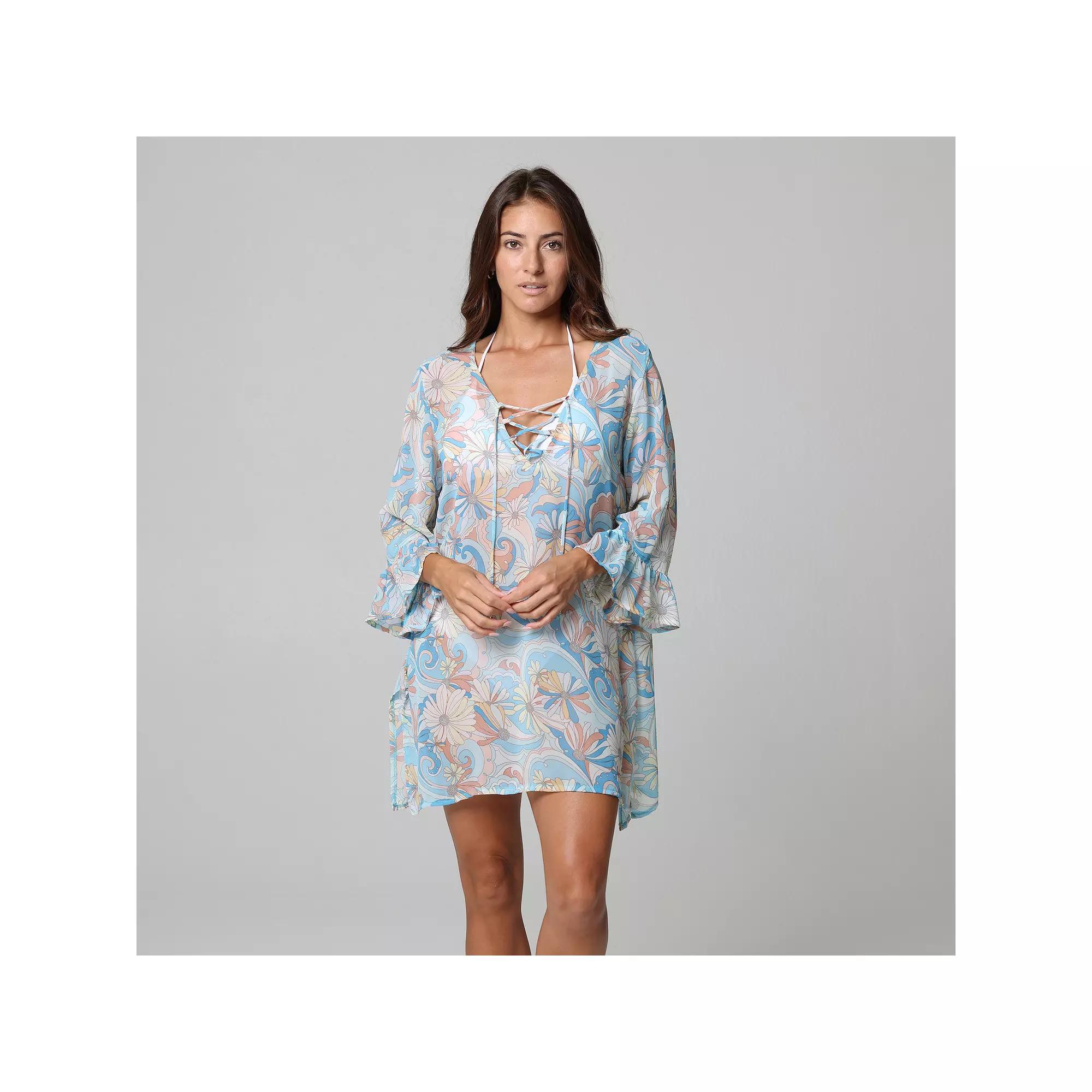 Womens J. Valdi Ruffle Sleeve Lace Up Swim Cover-Up Tunic Product Image