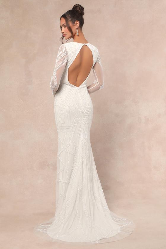 Deedra White Sequin Beaded Backless Maxi Dress Product Image