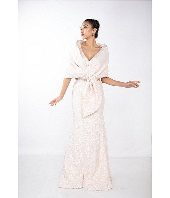 Terani Couture Brocade Twisted Short Sleeve Beaded Waist Mermaid Gown Product Image