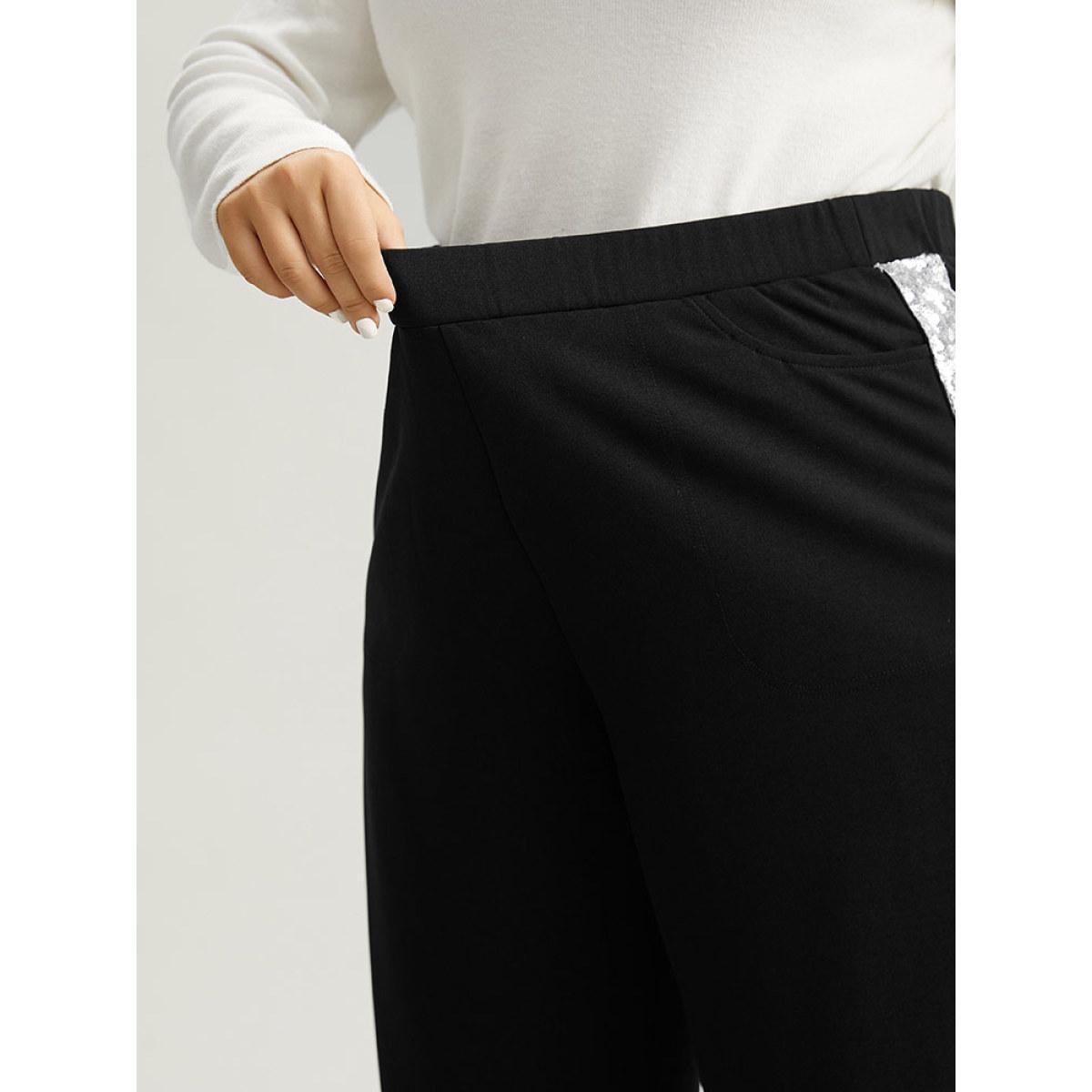 Plus Size Sequin Patchwork Pocket Wide Leg Pants Women Black Glamour Wide Leg High Rise Festival-Christmas Pants BloomChic 12/L Product Image