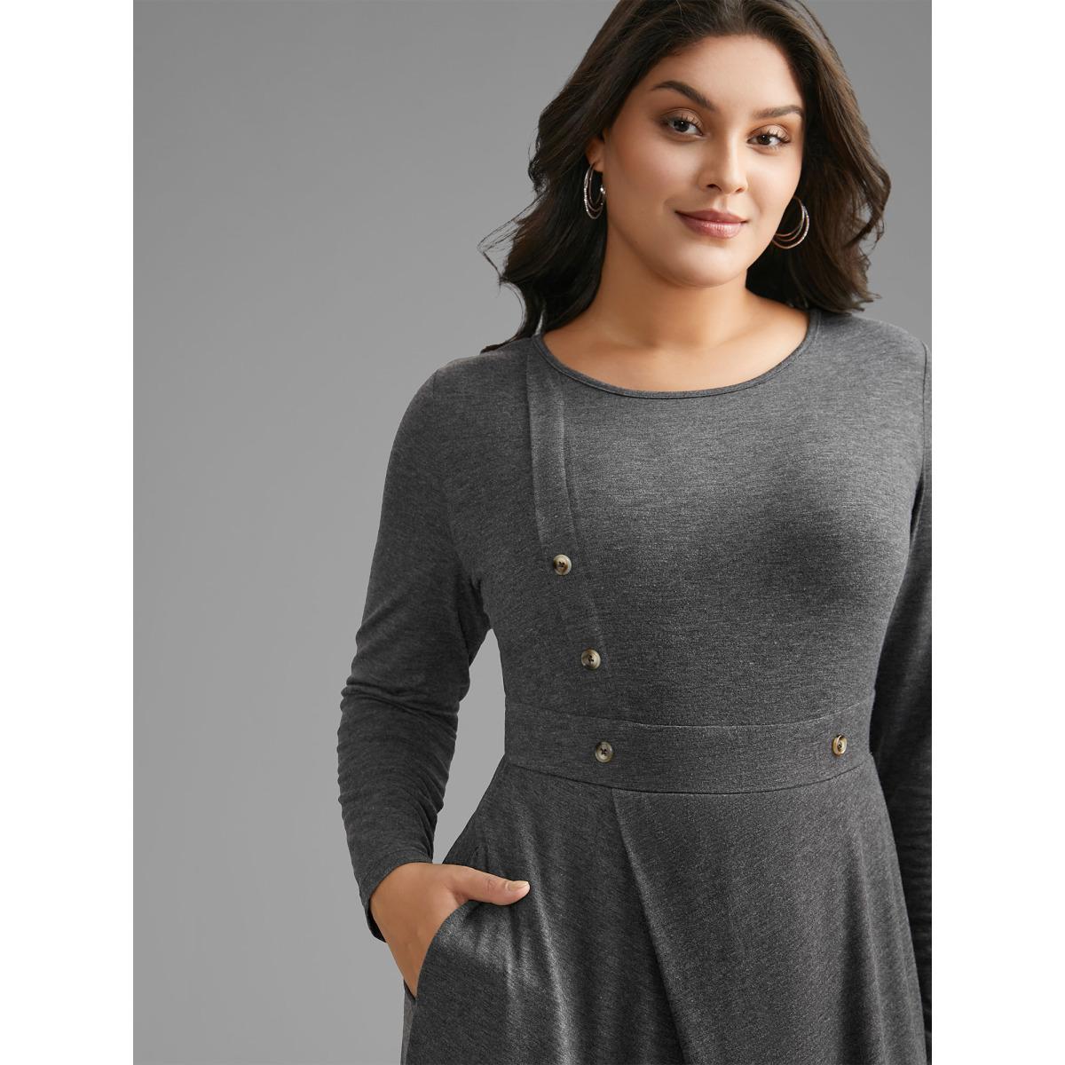 Plus Size Solid Button Detail Wrap Hem Knit Dress DarkGray Women Casual Overlapping Knit Dresses Bloomchic 14-16/1X Product Image