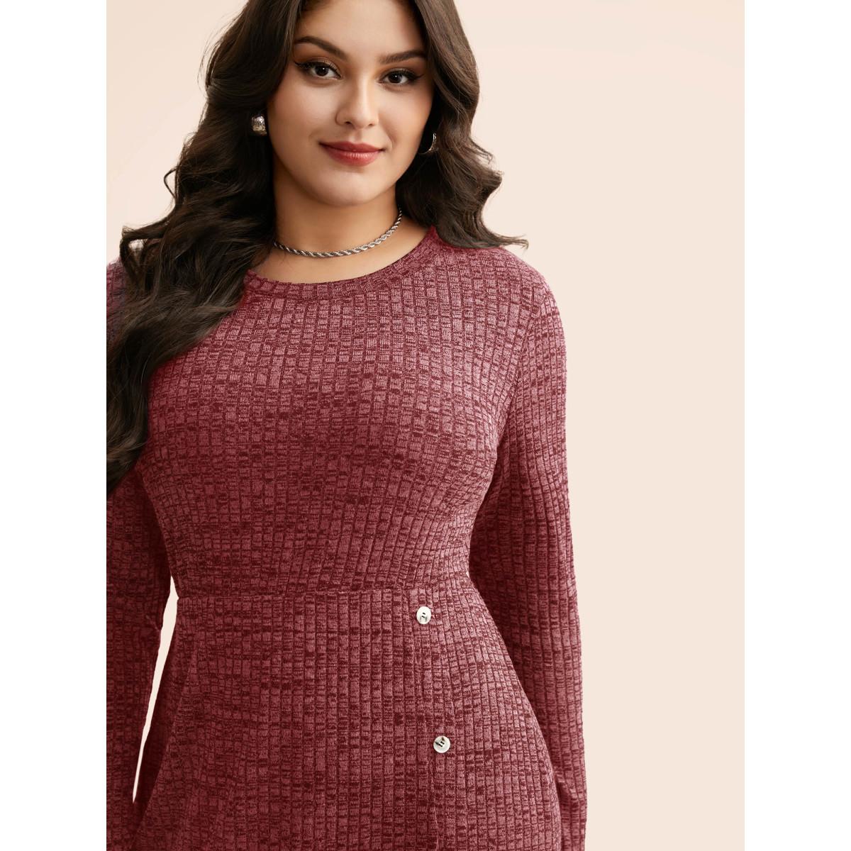 Plus Size Crew Neck Button Detail Split Hem Dress Burgundy Women Leisure Texture Round Neck Long Sleeve Curvy BloomChic 26/4X Product Image