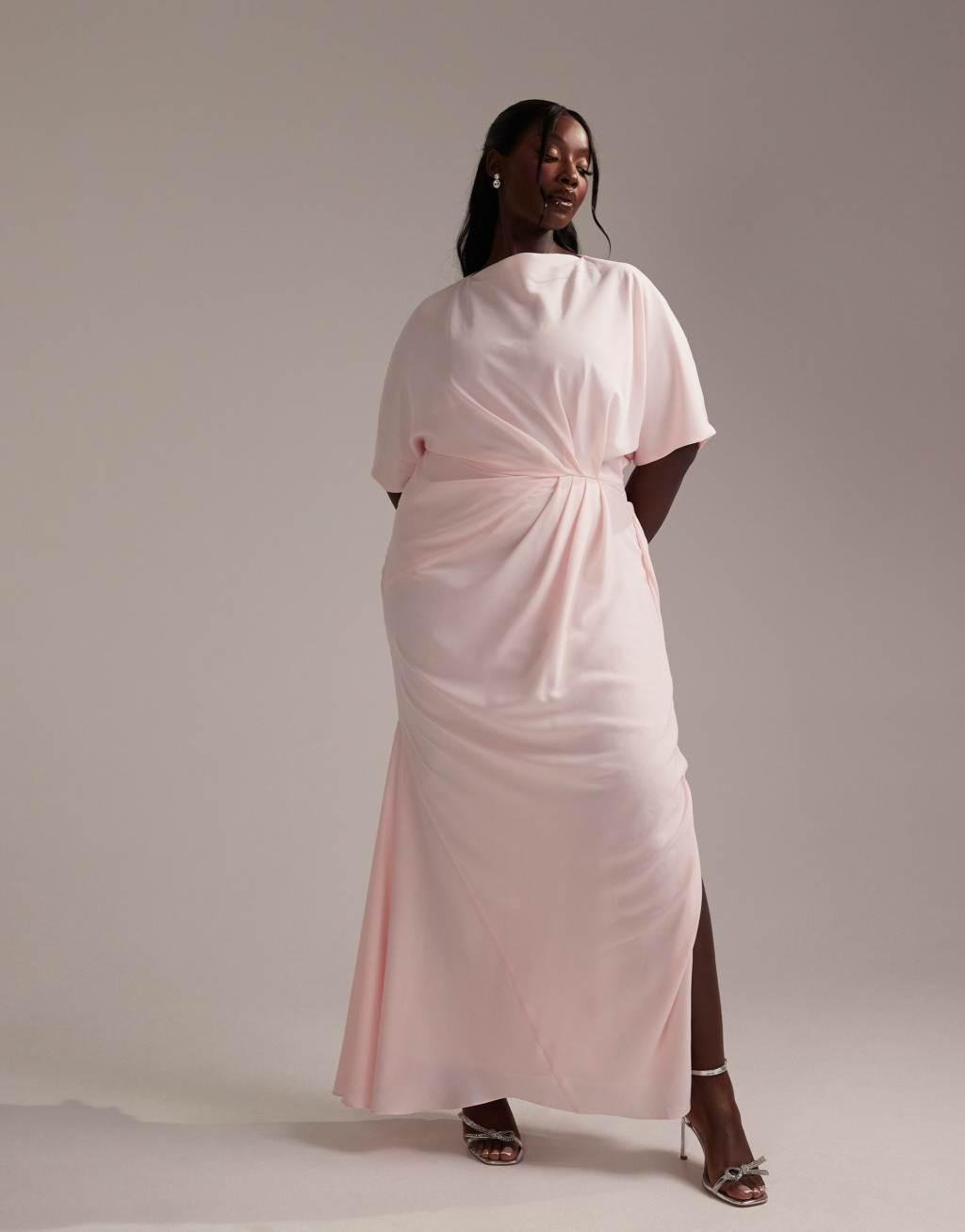 ASOS DESIGN Curve Bridesmaids slash neck crepe t-shirt sleeve minimal drape maxi dress in soft pink Product Image