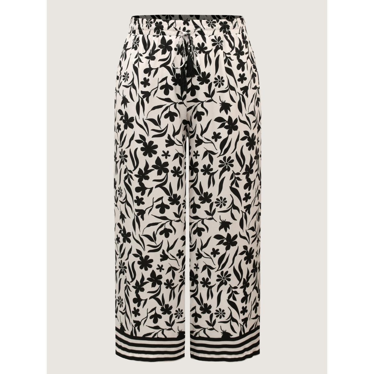 Plus Size Floral Print Wide-Leg Contrast Pants Women BlackFlower Resort Wide Leg Mid Rise Vacation Pants BloomChic 10/M Product Image