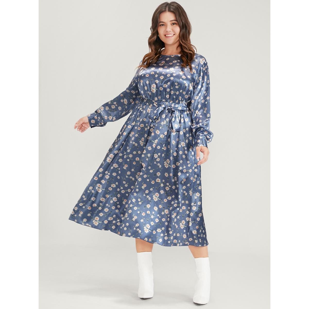 Plus Size Floral Keyhole Back Pocket Belted Satin Midi Dress Aegean Women Elegant Pocket Round Neck Long Sleeve Curvy Midi Dress BloomChic 14-16/1X Product Image