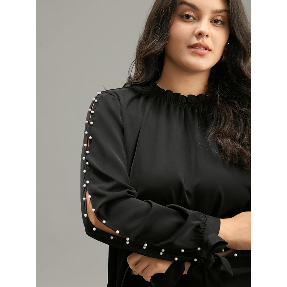 Plus Size Black Anti-Wrinkle Pearl Beaded Ties Cut Out Blouse Women Office Long Sleeve Halter neck Office Blouses BloomChic 18-20/2X Product Image