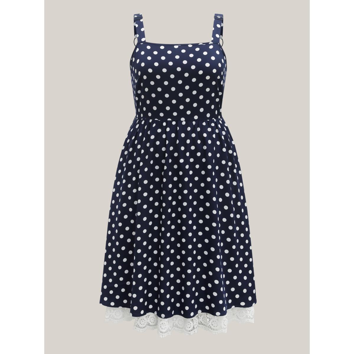 Plus Size Polka Dots Print Adjustable Lace Midi Dress DarkBlue Women Non Sleeveless Curvy BloomChic 22-24/3X Product Image