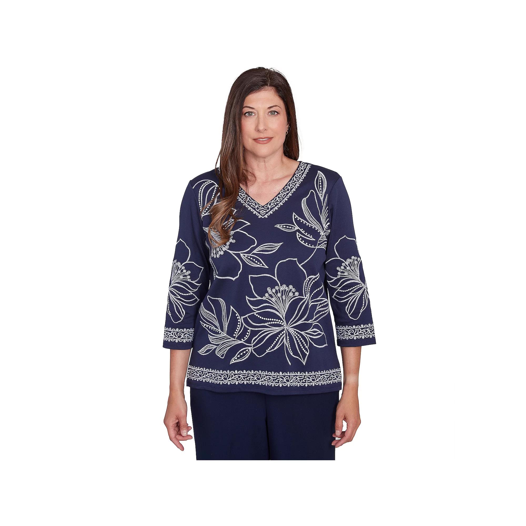 Women's Alfred Dunner Dynamic Floral Embroidered V-Neck Top, Size: Small, Blue Product Image